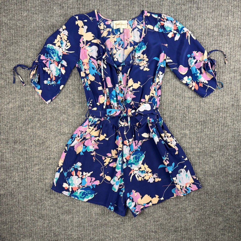 Yumi Kim Silk Romper Womens XS Blue Floral Half Sleeve Pockets Belted Playsuit